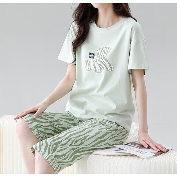 100% Cotton Women Capri Pajama Set 2 Pcs Short Sleeve Top Capris pants Sleepwear - Picture 8 of 9